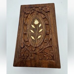Vintage Carved Floral Folk Artist Wood Jewelry Trinket Box Stone Inlays 6x3x1.5